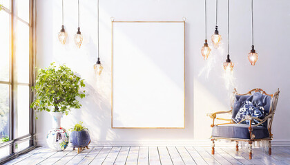 White poster isolated hanging by strings on wall mockup 3D rendering