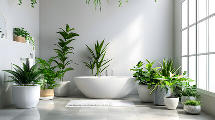This stylish bathroom is enriched with potted plants bathing in the glow of daylight through large windows