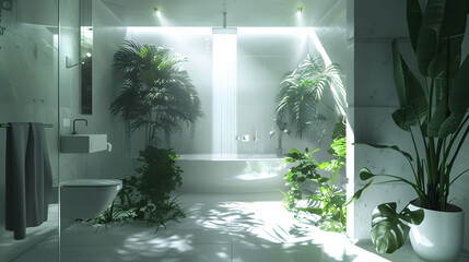 A serene bathroom with lush green plants creating a natural spa atmosphere for relaxation and rejuvenation - obrazy, fototapety, plakaty