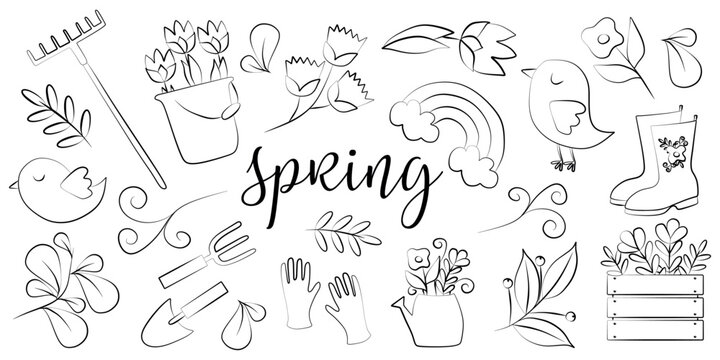 Big Linear Spring Set. Black and white collection of Design Elements for Gardening. Vector outline Illustration with Bird, flowers, Tools. Line art Coloring page, Contour Drawing for Card, Poster.