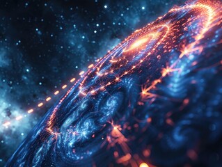 A glowing neon graph line ascending into a spiral galaxy representing exponential growth