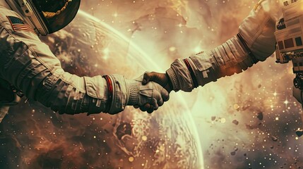A handshake taking place between two astronauts symbolizing interstellar partnerships - obrazy, fototapety, plakaty