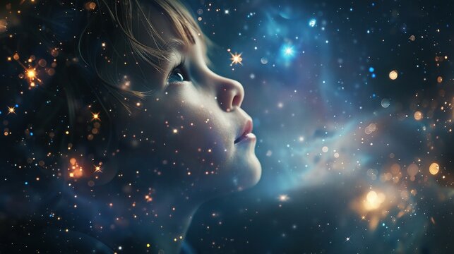 Double exposure image of a child looking at the stars