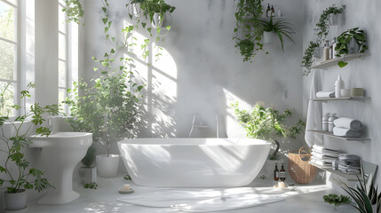 This elegant bathroom is designed with abundant natural light and refreshing greenery for a peaceful atmosphere