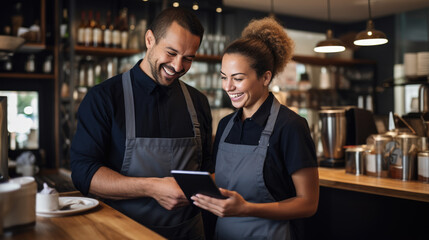 Cafe worker and manager smiling and engaging with each other while using a tablet