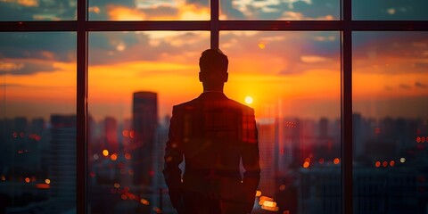 A man is standing in front of a window looking out at the city skyline - Powered by Adobe