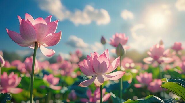 A field of pink lotus flowers under the sun, with petals glowing in shades of magenta. The natural landscape is complemented by a clear blue sky and fluffy clouds