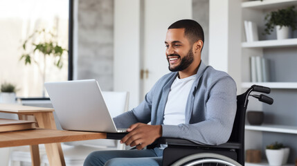 Smiling man in a wheelchair works on laptop in his home office.