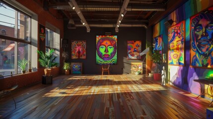 Colorful Art Gallery Interior with Vibrant Paintings and Sunlight