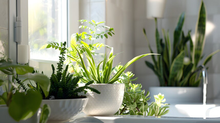 Lush indoor greenery receives ample sunlight through a window, giving a sense of freshness and natural beauty