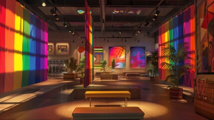 Vibrant Art Gallery Interior with Colorful Displays and Modern Design
