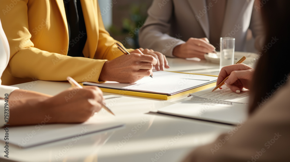 Poster close-up view of hands signing a document, with multiple individuals engaged in a business meeting a