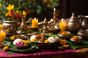 A close-up view of a food table set for the Sinhala-Tamil New Year, highlighting traditional food with illuminated yellow candles.