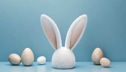 White rabbit ear on pastel blue background. Easter day. 3d rendering