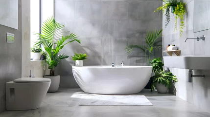 Fototapeten Luxurious bathroom with concrete textures, modern fixtures, and decorative green plants for a fresh look © Reiskuchen