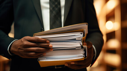 Close-up of a person in a business suit holding a large stack of documents and paperwork. - obrazy, fototapety, plakaty