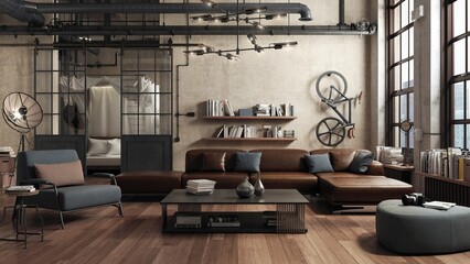 Loft living room interior adapted as a modern and spacious apartment. Industrial character is given by bricks walls, parquet floors and large windows. Behind the sliding doors is a bedroom. 3D render
