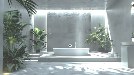 A stylish bathroom showcasing dramatic lighting, a central circular basin, and lush green plants...