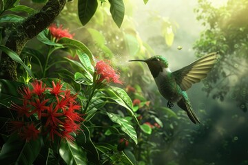 A charming hummingbird sipping nectar from exotic flowers in a lush rainforest - obrazy, fototapety, plakaty