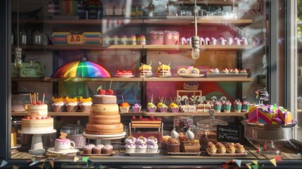A Colorful Display of Delicious Desserts in a Bakery Window - obrazy, fototapety, plakaty