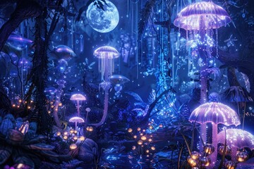 A moon garden where nocturnal creatures glowing with ethereal light