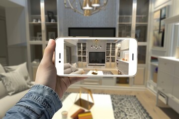 A mobile app for virtual home decor shopping showing a 3D room planner