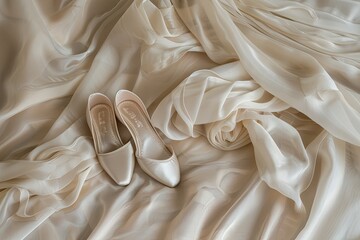 A pair of ballet slippers positioned on a soft neutral-toned fabric