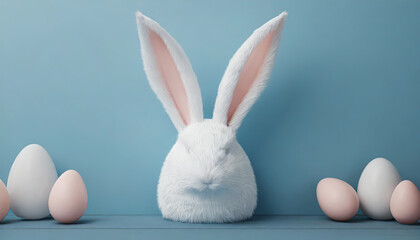 White rabbit ear on pastel blue background. Easter day. 3d rendering