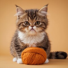 Funny kitten with a ball of wool for knitting. Persian, playful domestic cat.