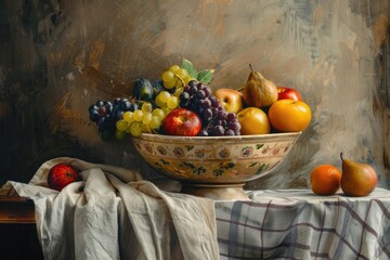 A vintage still life painting of a fruit bowl reimagined in a modern setting