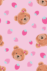 Delicate and beautiful illustration of bears in a childish style with randomly scattered strawberries. Art for printing on fabrics, wallpapers and decoration.
