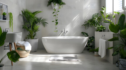 A stylish bathroom with a combination of natural sunlight and lush plants enhancing the elegant freestanding bathtub and modern amenities
