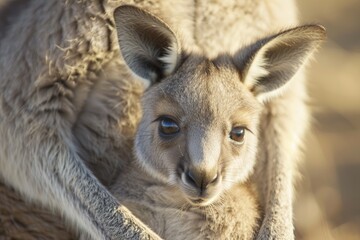 Curious baby kangaroo joey peeking out with its mother in the golden outback light