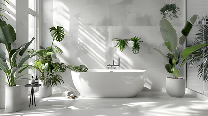 A serene bathroom design featuring a freestanding bathtub surrounded by lush greenery and beautiful sunlight streaming through the window