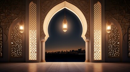 Ramadan Kareem's greeting card with mosque door and cityscape in the background