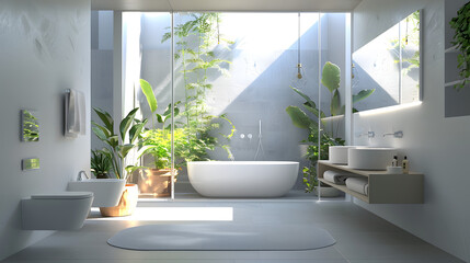 Bright and spacious bathroom design featuring expansive windows showing luscious outdoor greenery and modern fixtures
