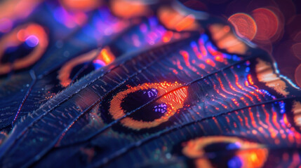 Fantastic trippy texture of a colorful butterfly wing, high magnification, bright neon colors