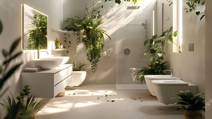 A warm, inviting modern bathroom illuminated by natural sunlight filtering through the foliage of indoor plants - obrazy, fototapety, plakaty