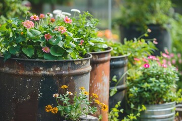 An eco-friendly concept with flowers growing out of a recycled container garden