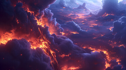 Blue clouds of smoke, fire and lava, unreal aerial view