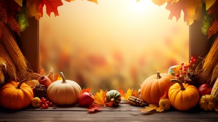 Autumn background with pumpkins and leaves, copy space for text - obrazy, fototapety, plakaty