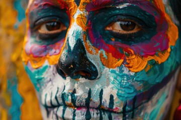 A woman with a painted face that looks like a skeleton. The face is painted with bright colors and has a skull on it