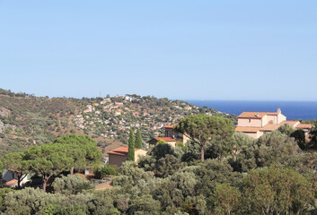 View of the Mediterranean Sea from the village of Bormes les Mimosas in the department of Var...