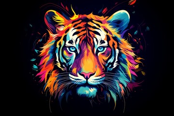 Colorful portrait of a tiger, creative illustration in bright colors, pop art style, black isolated background