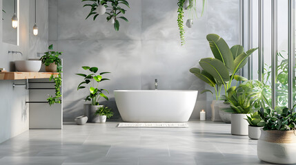 An elegant bathroom design featuring a white freestanding bathtub surrounded by a variety of lush houseplants and textured walls