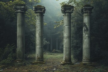 Antique columns in green forest. Summer travel. Generate Ai