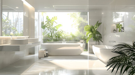 A bright and elegant bathroom seamlessly blending with lush exterior vegetation and inviting sunshine in