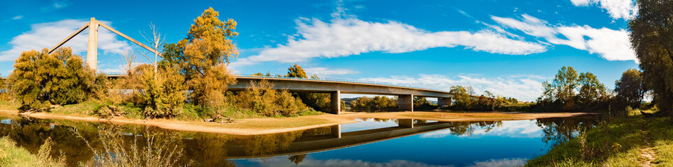 High resolution stitched autumn or indian summer panorama with reflections near Mettenufer,...