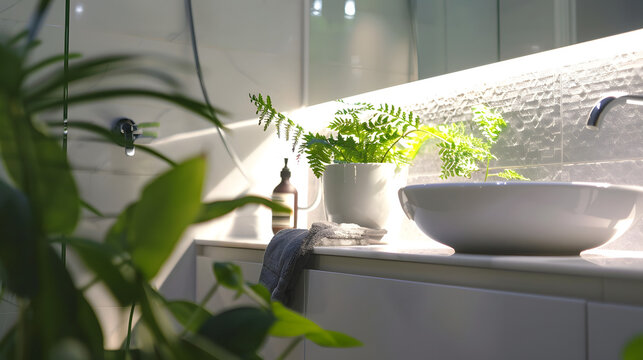 Detailed image of a modern bathroom sink surrounded by lush greenery, reflecting a peaceful and natural bathroom decor