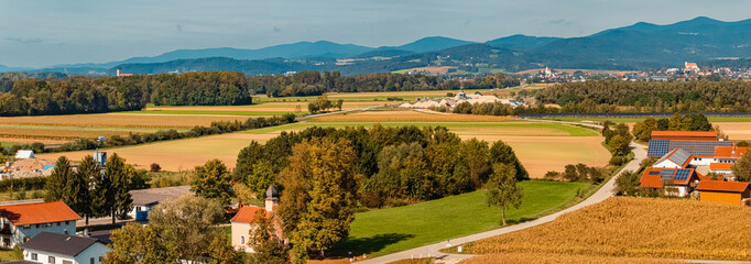 High resolution stitched autumn or indian summer panorama with ancient castle ruins near Winzer,...